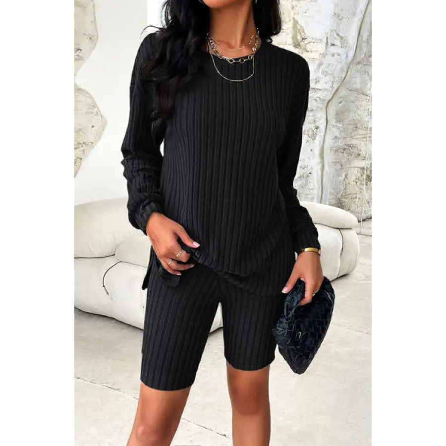 Ribbed Round Neck Dropped Shoulder Top and Shorts Set