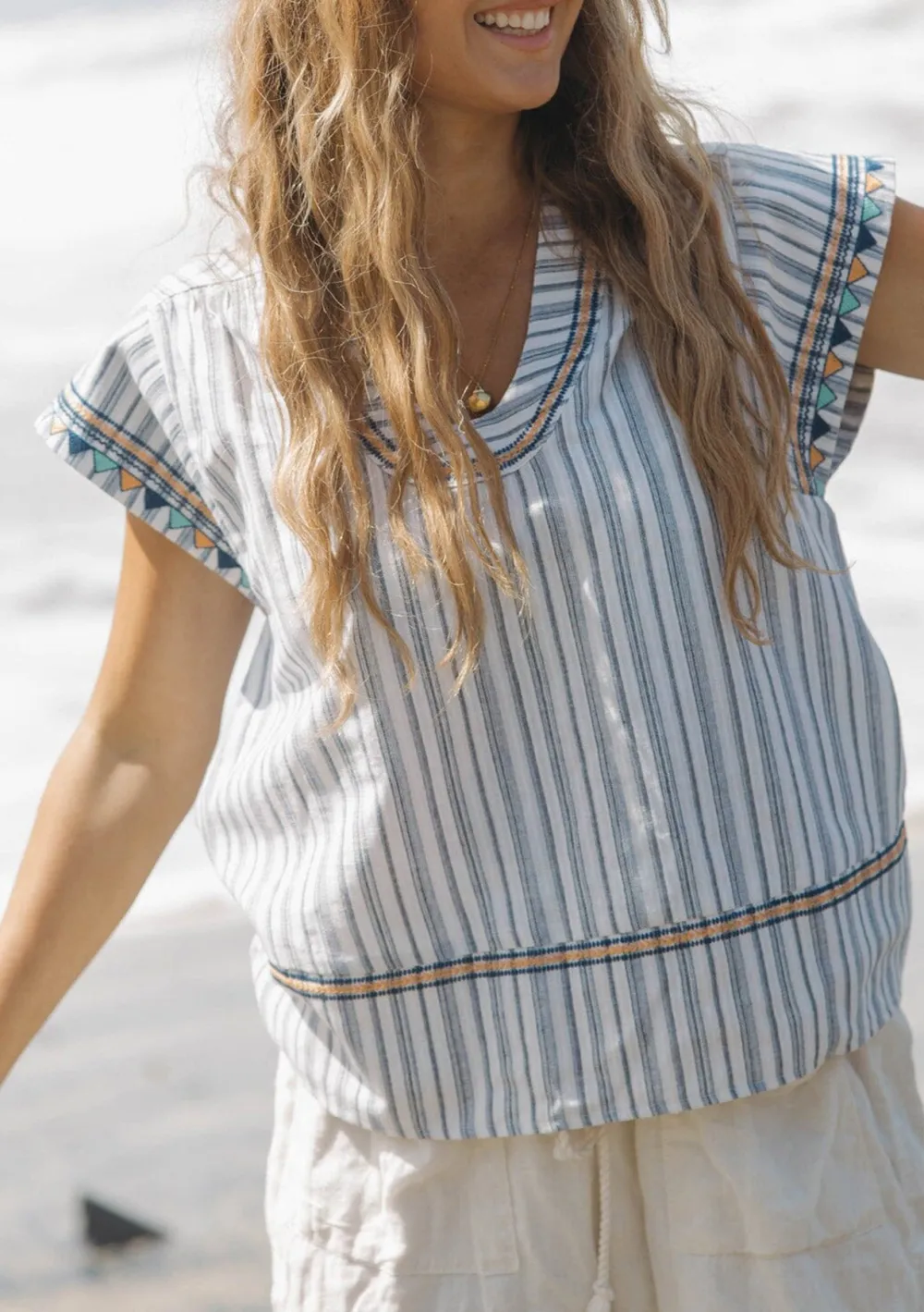 Embroidered Striped Crew Neck Blouse