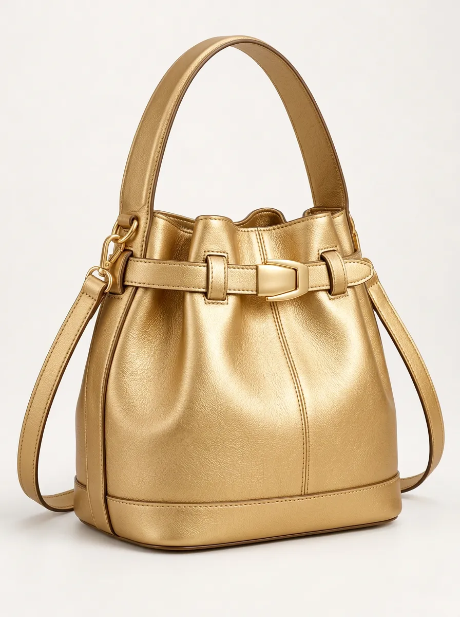 Women's Buckle Detail Gold Tone Drawstring Bucket Bag