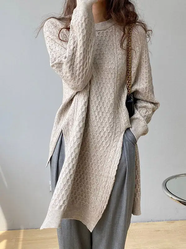 Asymmetric Split Hem Round Neck Long Sleeve Knit Top