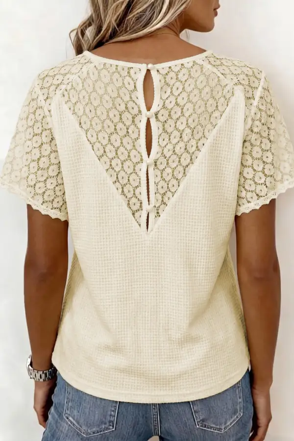 Lace Buttoned Neck Waffle Blouse