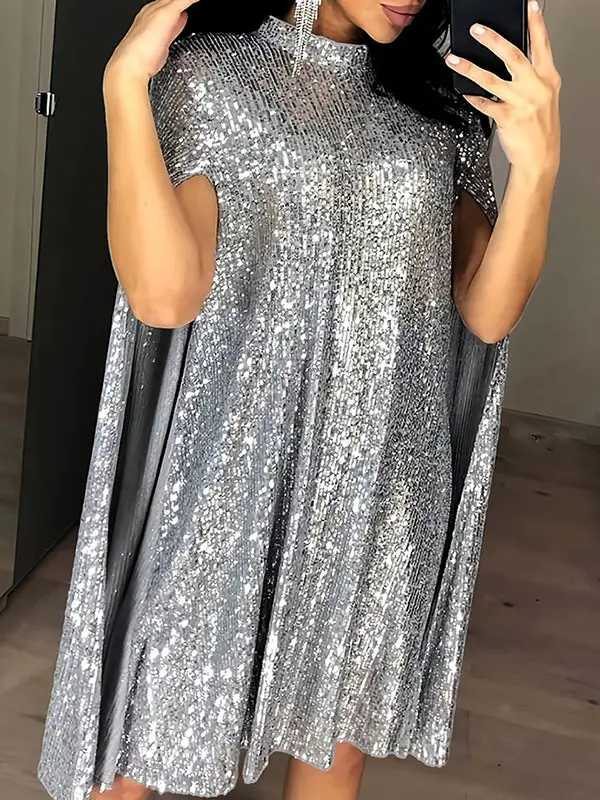 Cape Long Sleeve Sequined Shiny Split Joint Mock Neck Mini Dress
