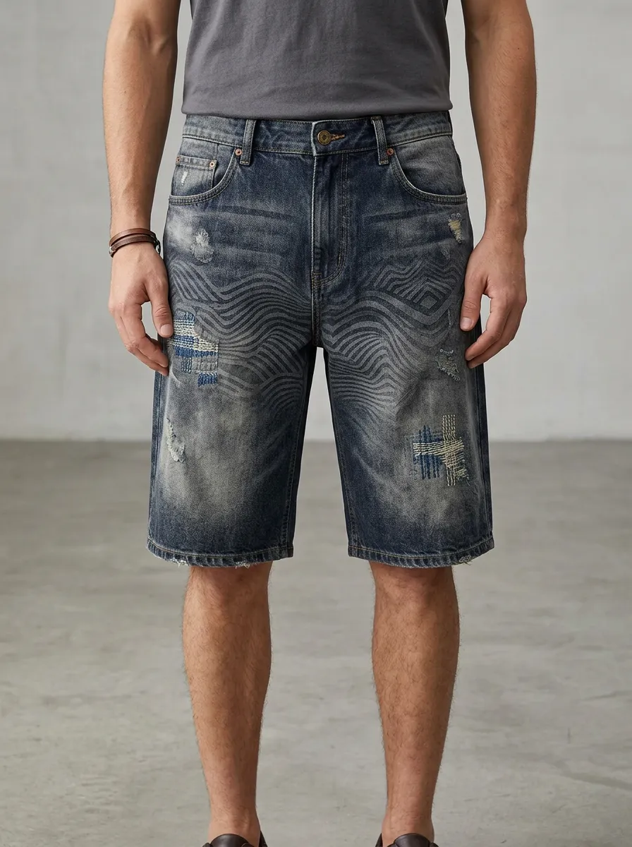 Mobility-Focused Patchwork Distressed Street Look Men's Distressed Raw Hem Denim Shorts