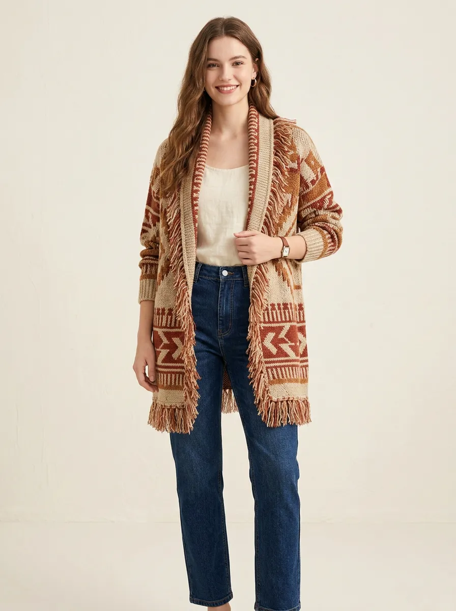 Women's & Rust Geometric Pattern Fringe Cardigan