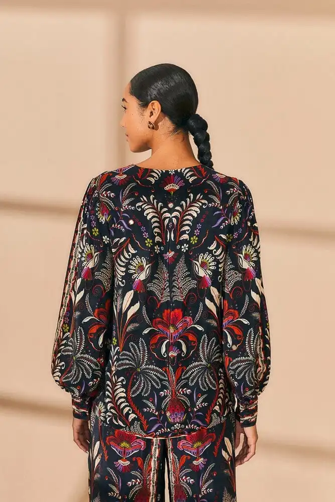 Beaded Mirror-Trim Button-Front Blouse