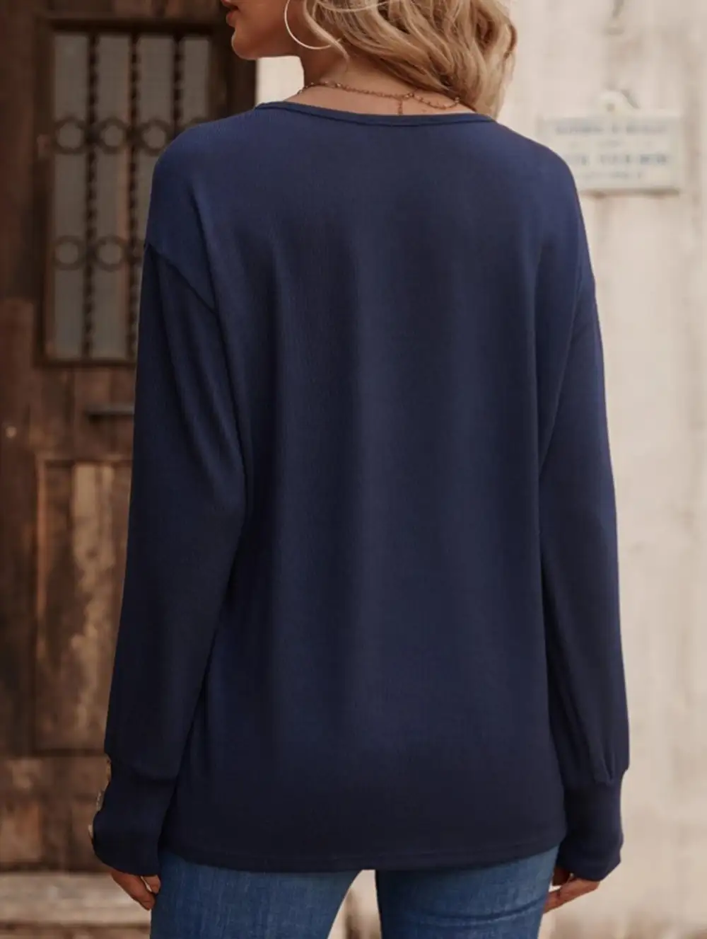 V Neck Button Loose Long Sleeve Tee