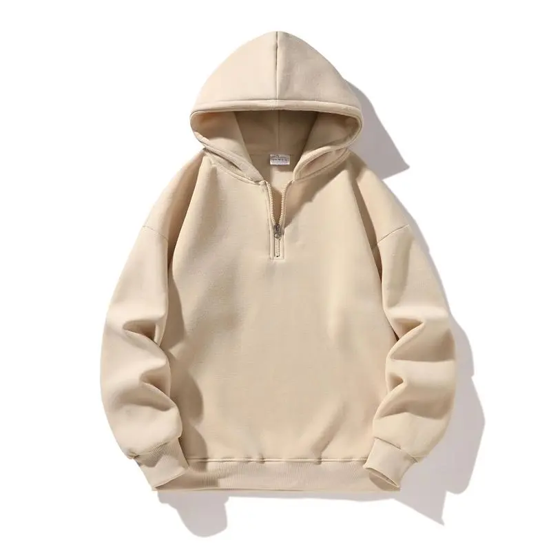Autumn and Winter Men's Solid Color Sports Casual Zipper Hoodie Warm Lightweight Pullover Beige