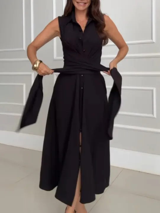 Shirt Style Single Breasted Tie Midi Dress