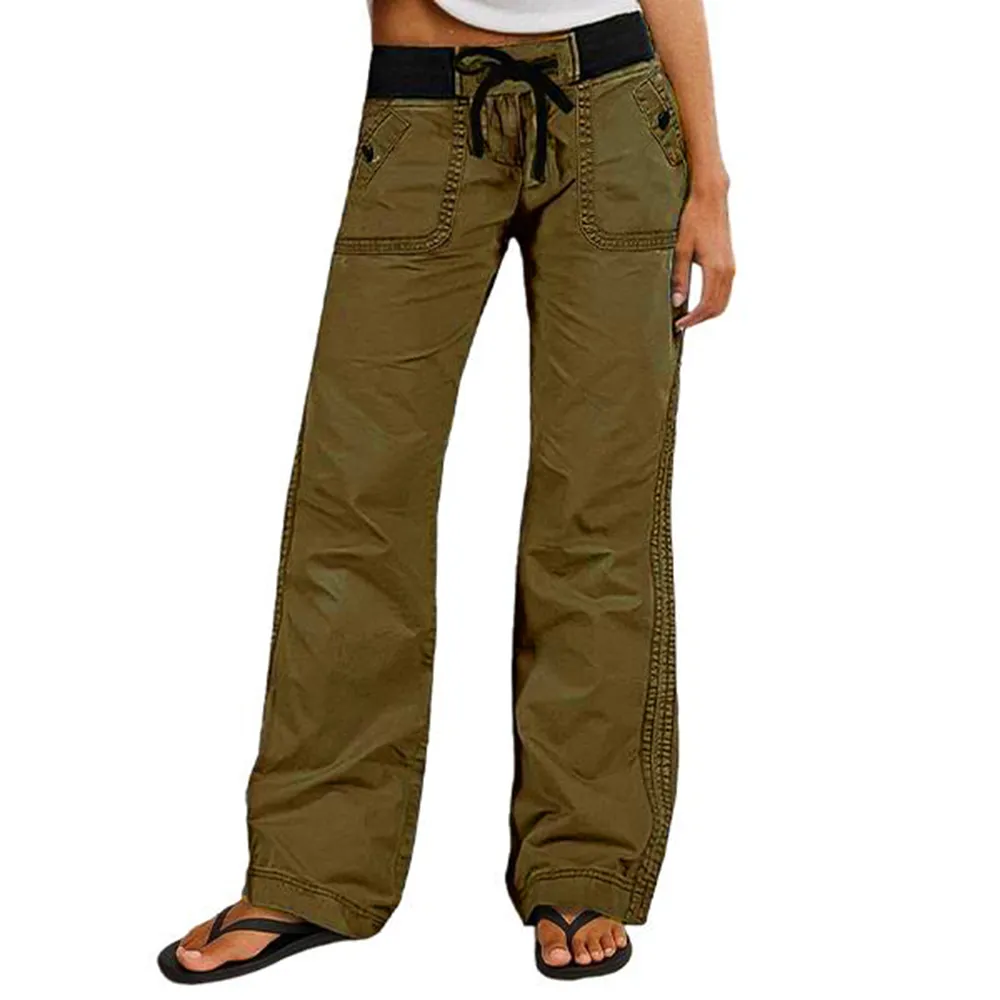 Solid Seam Detail Drawstring Mid Rise Straight Leg Pants