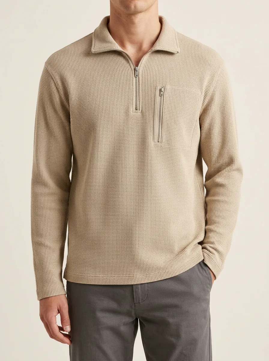 Casual Favorite Zipper Pocket Waffle Knit Texture Half-Zip Pullover