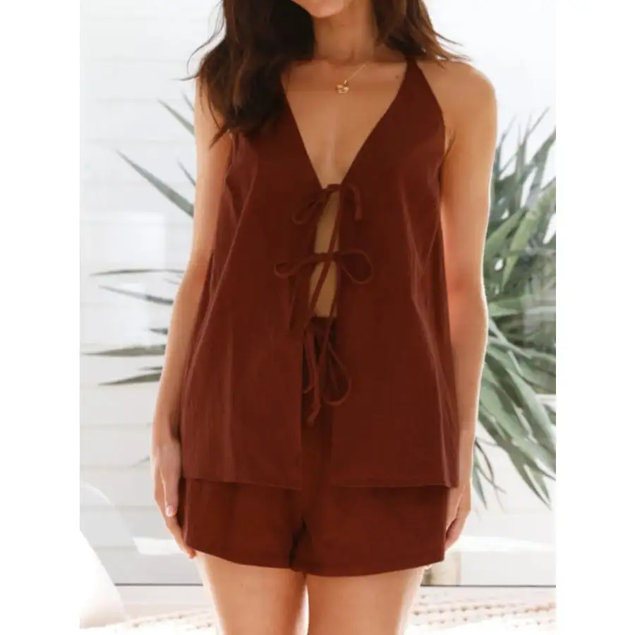 Tied Front Halter Neck Top and Shorts Set