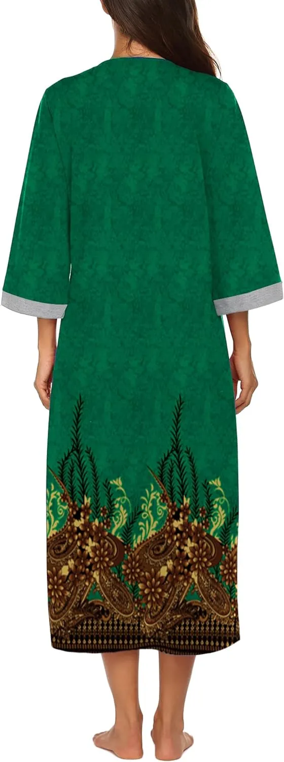 50% OFF Women Zipper Robe 3/4 Sleeves Loungewear Dress Full Length Sleepwear Pockets Housecoat Nightgown Long Bathrobe