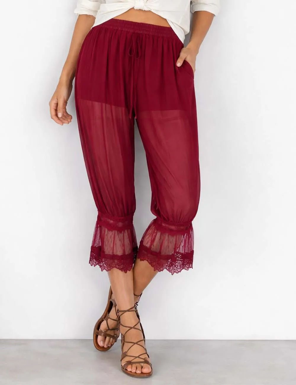 Sheer Lace Trim Bloomer Drawstring Waist Capri Pants