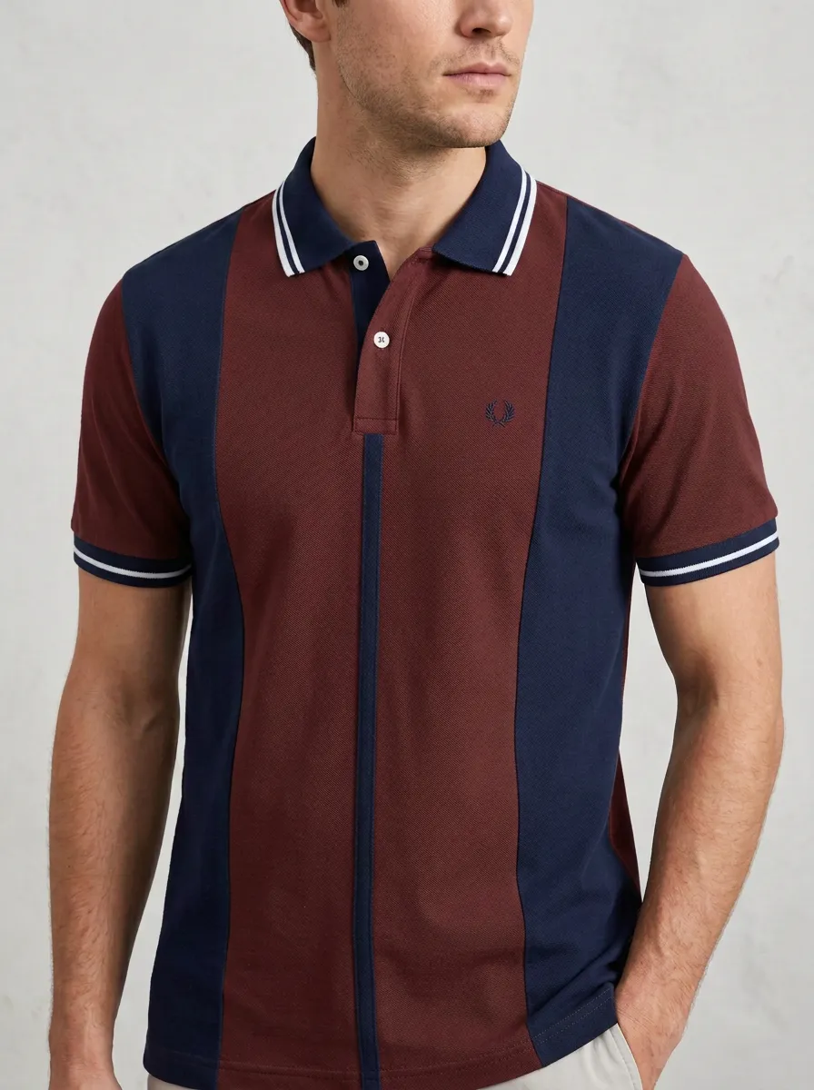 Men's Vintage Style Olive Navy Striped Panel Polo Shirt