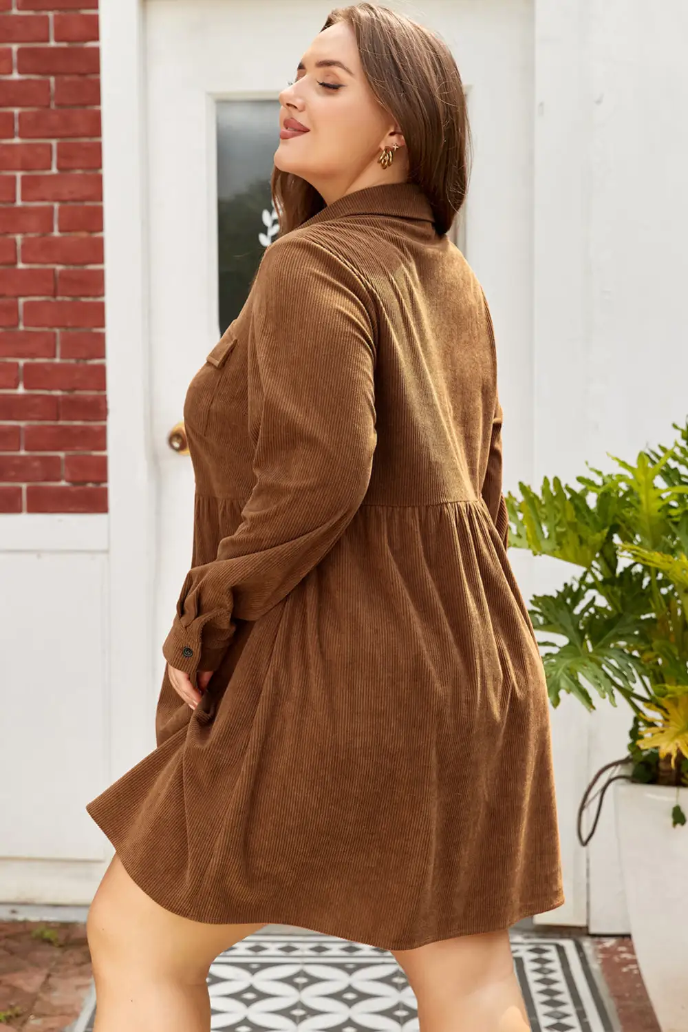 Corduroy Button Front Collared Dress Casual