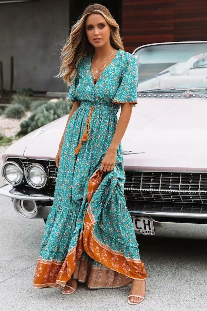 V-Neck Short Sleeve Boho Maxi Dress