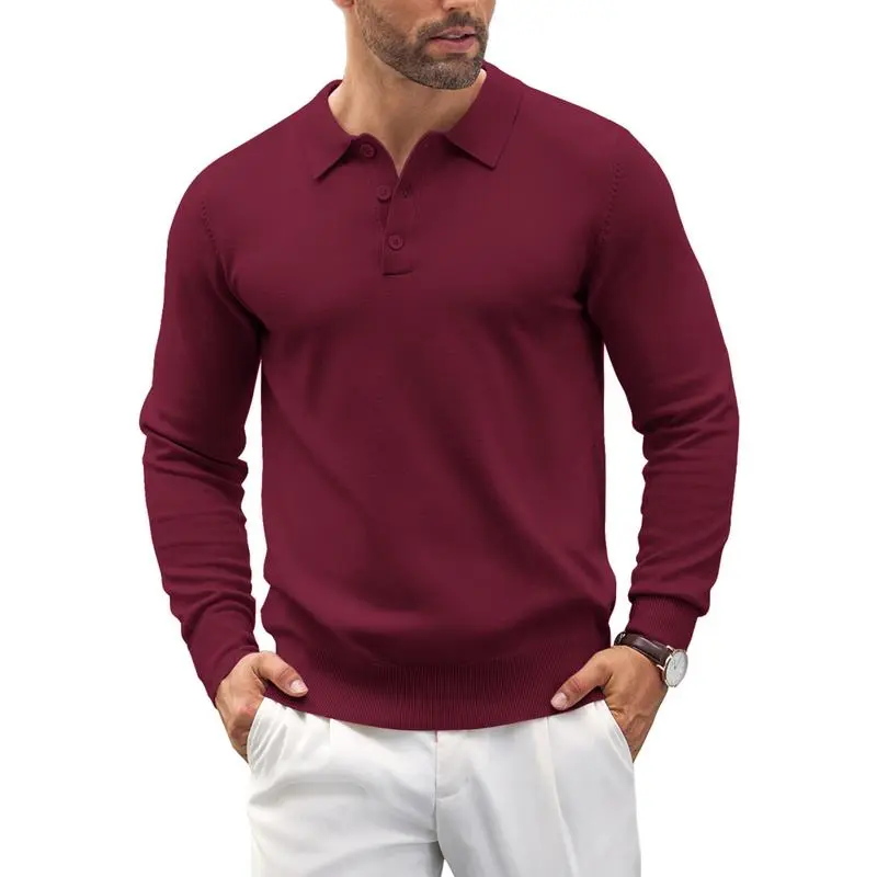 🧵 Men’s Soft Knit Long Sleeve Polo Shirt – Classic Style, Modern Comfort