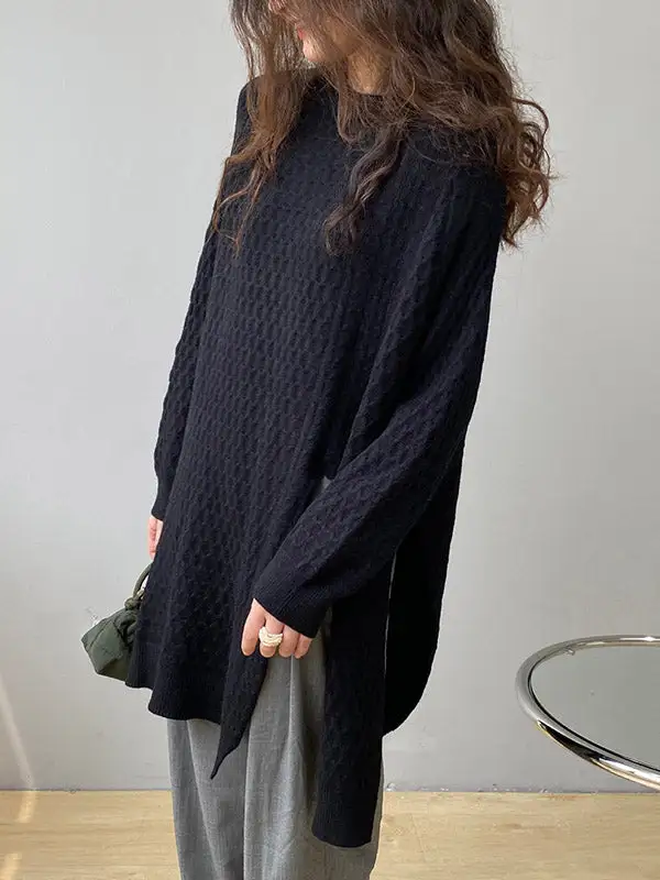 Asymmetric Split Hem Round Neck Long Sleeve Knit Top