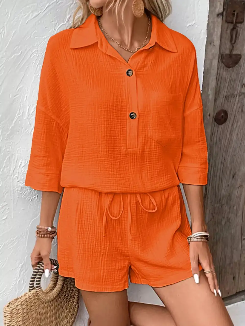 Button Detail Top and Shorts Set