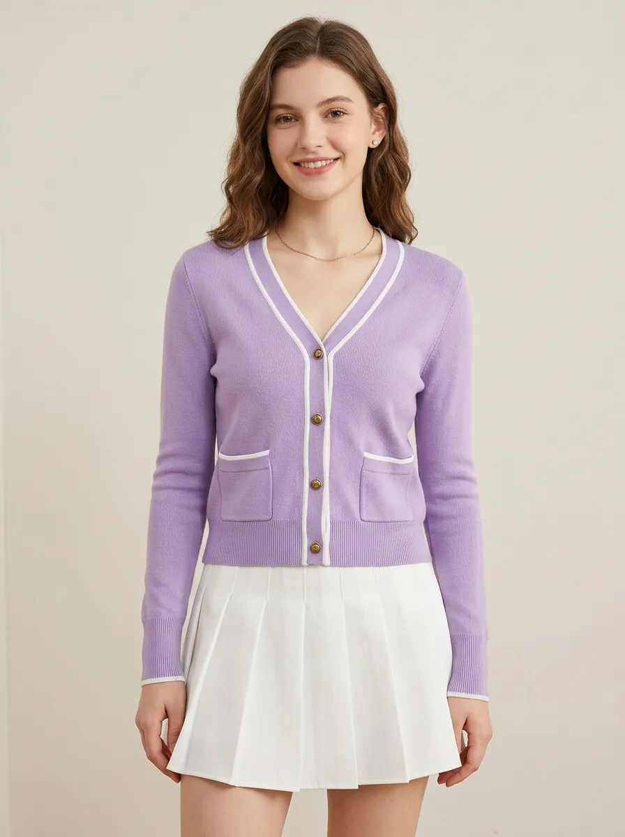 Women's Purple V-Neck Contrast Trim Button Down Cardigan