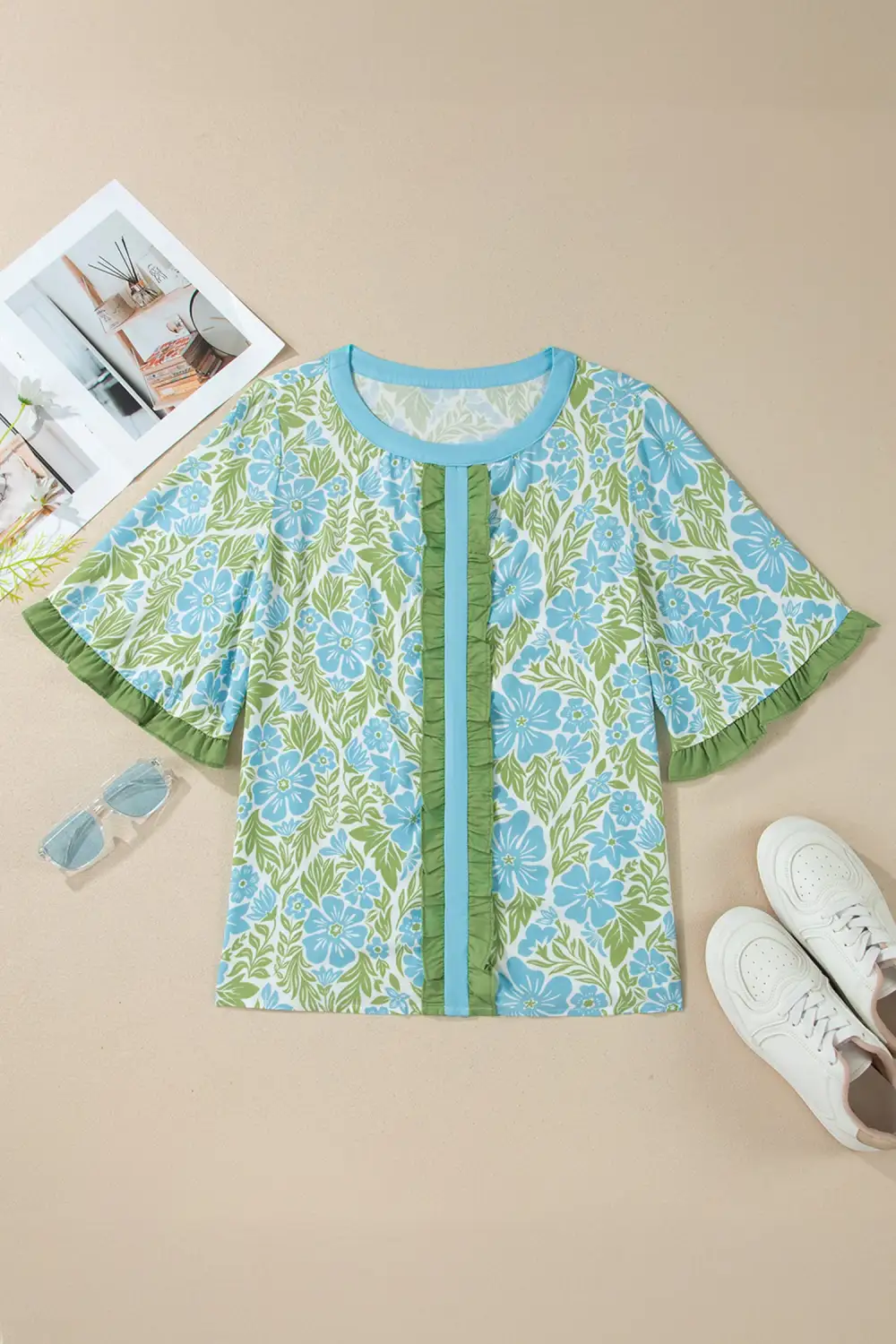 Floral Ruffle Trim Half Sleeve Blouse