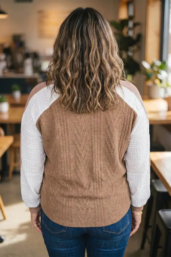 Color Block V Neck Ribbed Relaxed Stretch Fabric Long Sleeve Top