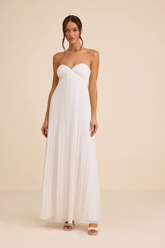 Remley White Pleated Strapless Maxi Dress