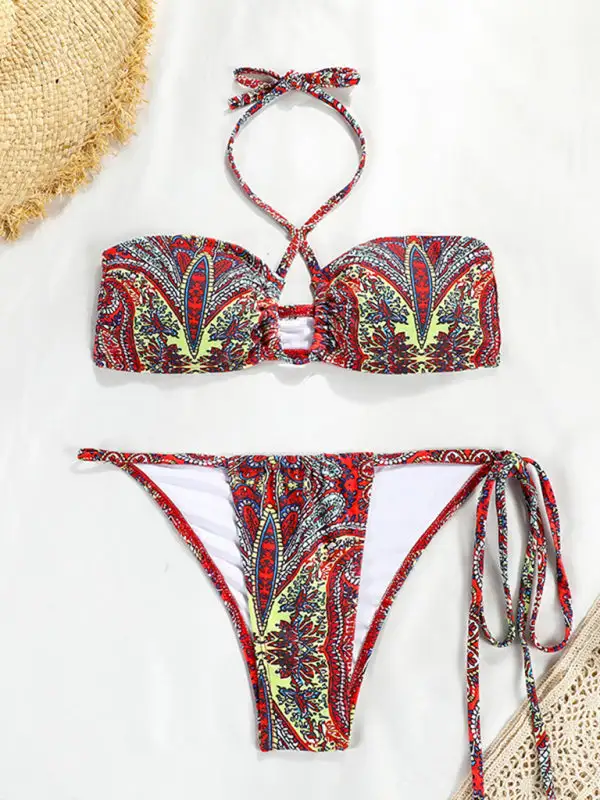 Polka Dot Print Split Bandeau Bikini Swim Set