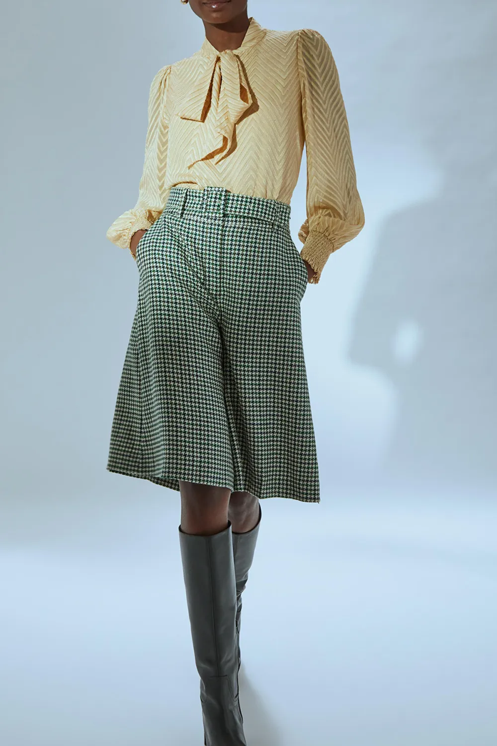 Beige Tie Neck Long Sleeve Textured Blouse