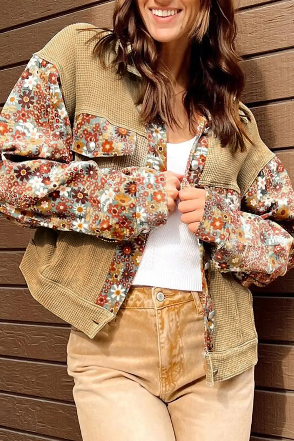 Waffle Knit Floral Print Patchwork Button-Up Jacket
