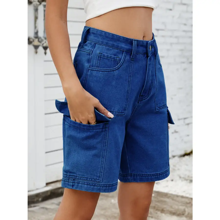 High Waist Denim Shorts with Cargo Pockets