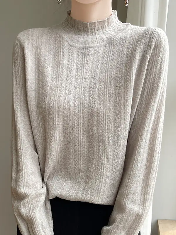 Long Sleeve Relaxed Elasticity Ruffle Trim Mock Neck T-Shirt