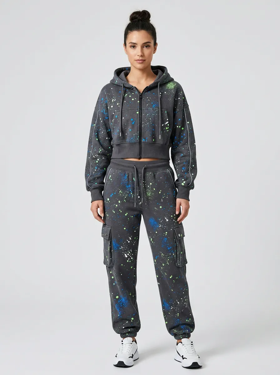 Women's Streetwear Paint Splatter Printed Crop Hoodie Cargo Jogger Set