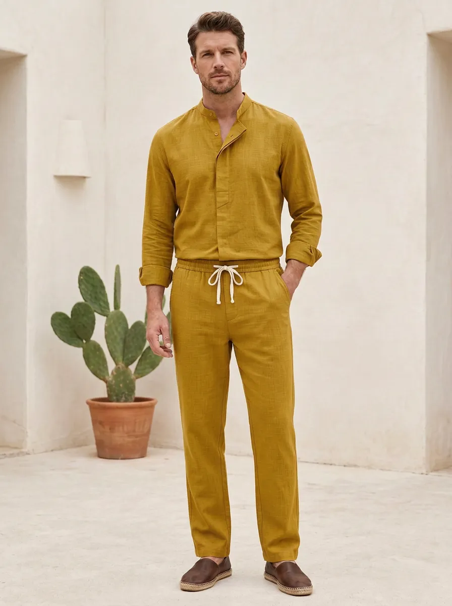 Active Mandarin Collar Drawstring Detail Men's Mandarin Collar Shirt And Drawstring Pants Set