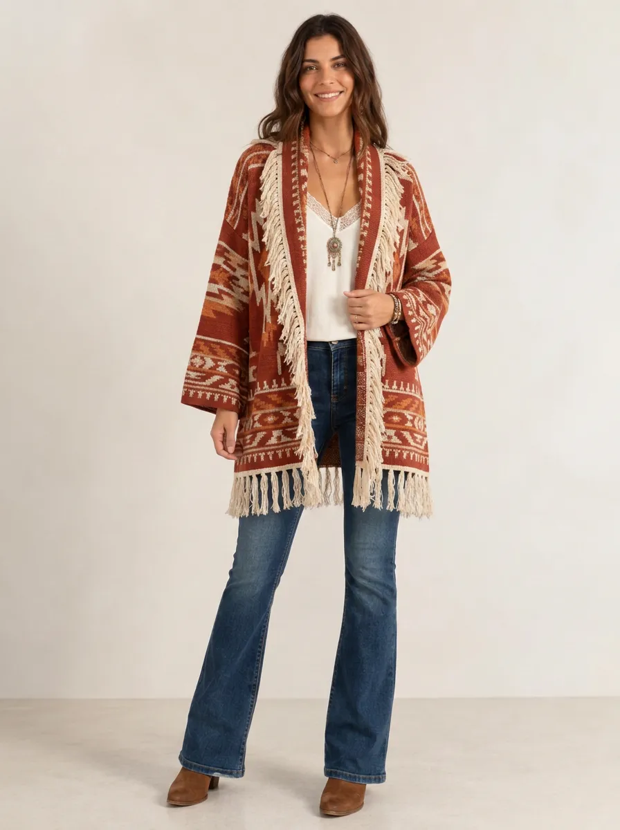Women's Rust Geometric Pattern Fringe Cardigan Relaxed-Fit