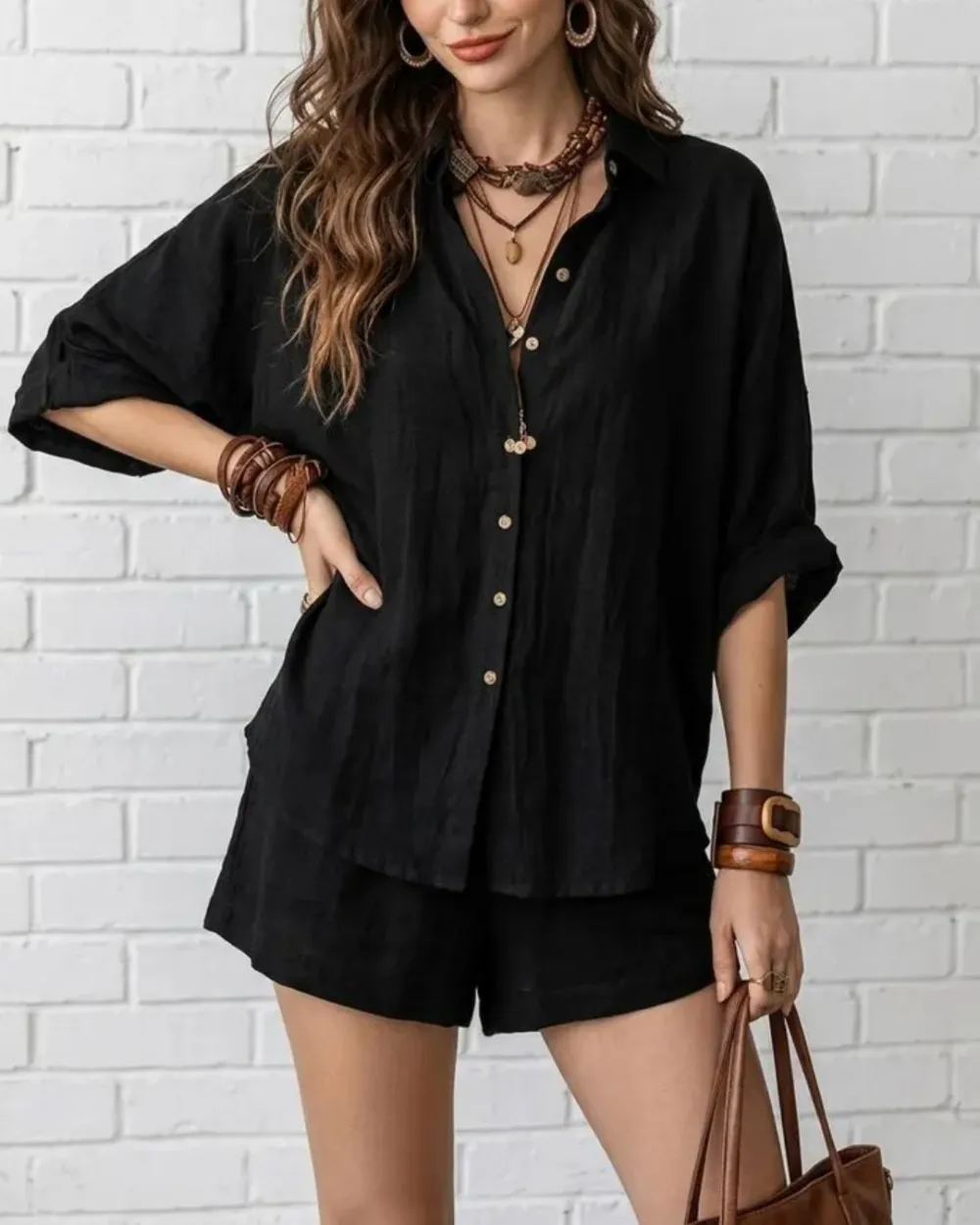Button-Up Shirt and Wide-Leg Shorts Set