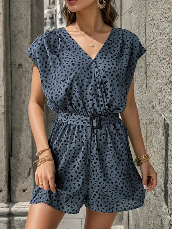 Leopard Print Jumpsuit V Neck Commuter Shorts