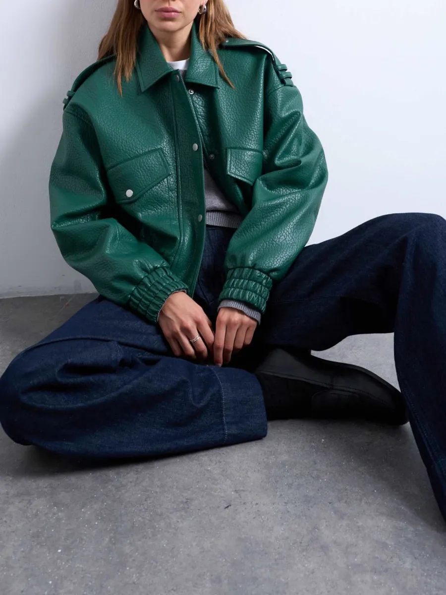 Textured Epaulet Ruched Leather Jacket