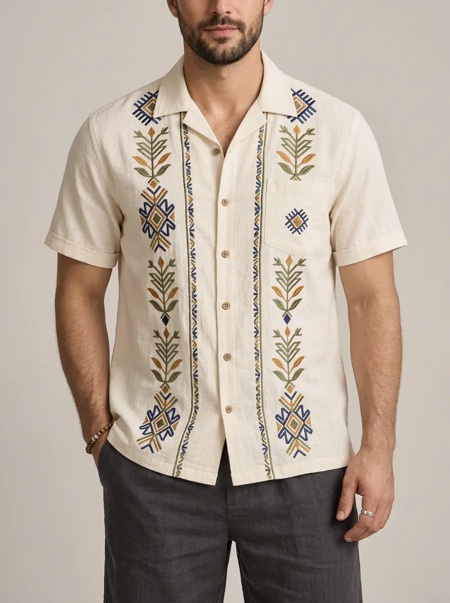 Men's Boho Inspired Floral Geometric Embroidered Short Sleeve Shirt