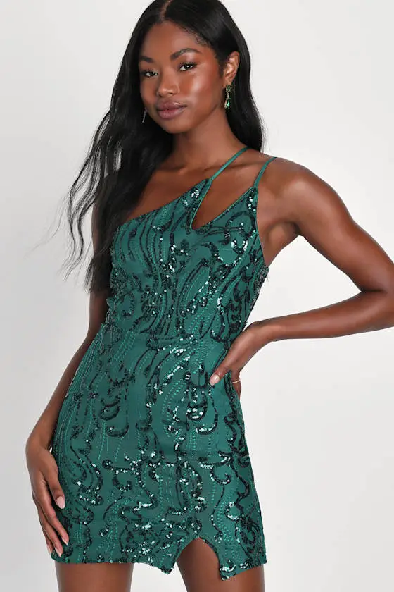 Alluring Shine Black Sequin One-Shoulder Mini Dress