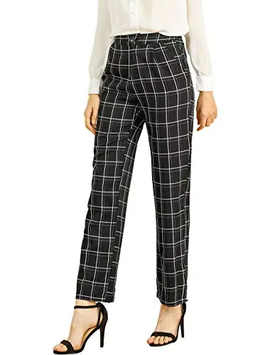 Women's Plaid Pants Elastic Waist Casual Work Office Long Trousers