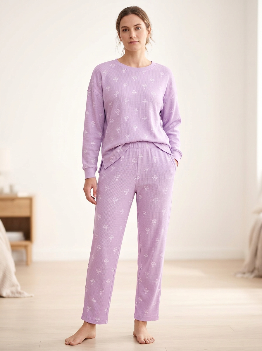 Women's Mushroom Waffle-Texture Crewneck Lounge Set