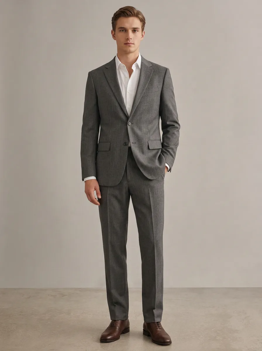 Men's Two Button Business Formal Grey Solid Two-Piece Suit