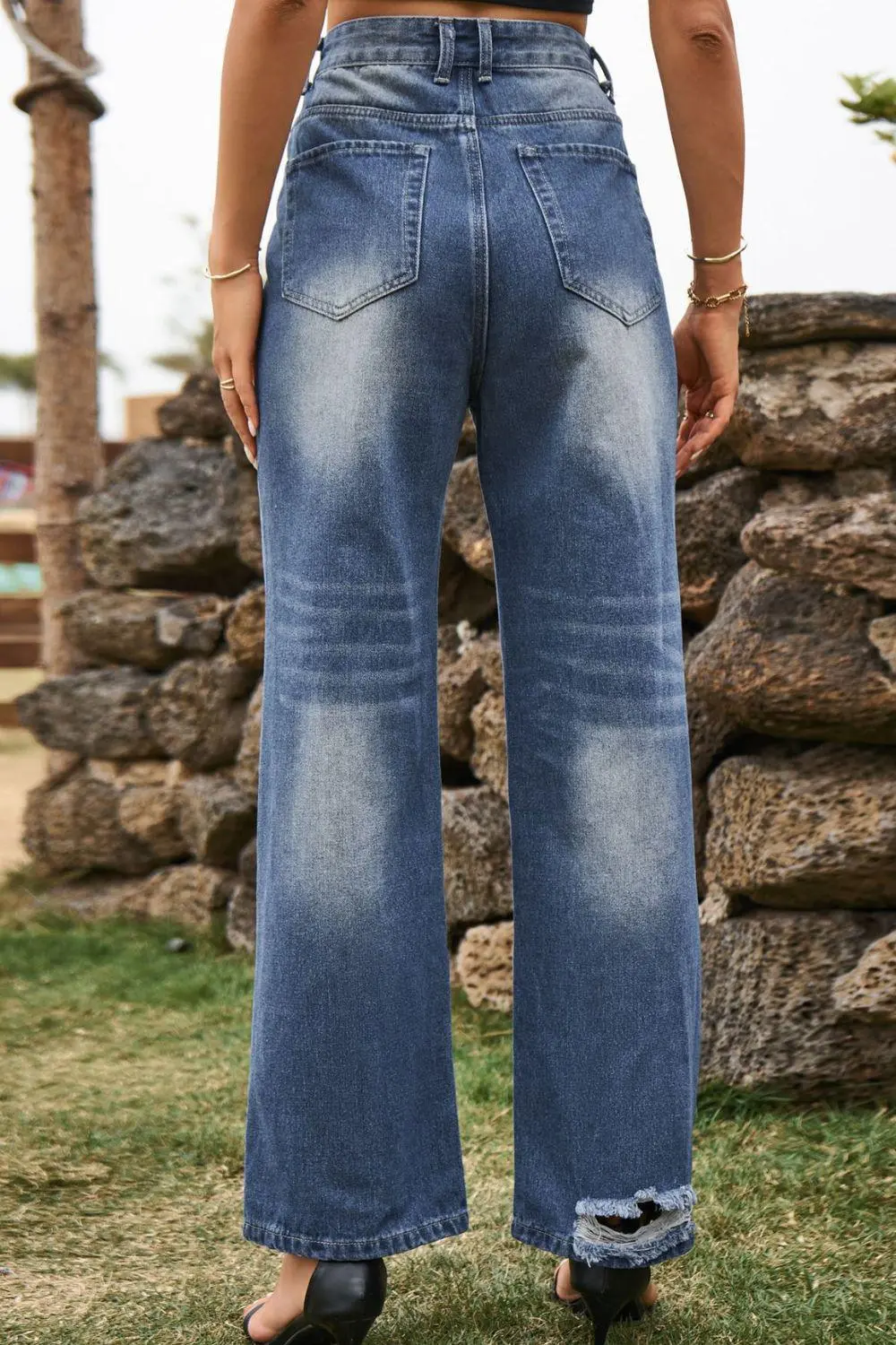 Contoured Loose Fit Distressed Denim Jeans