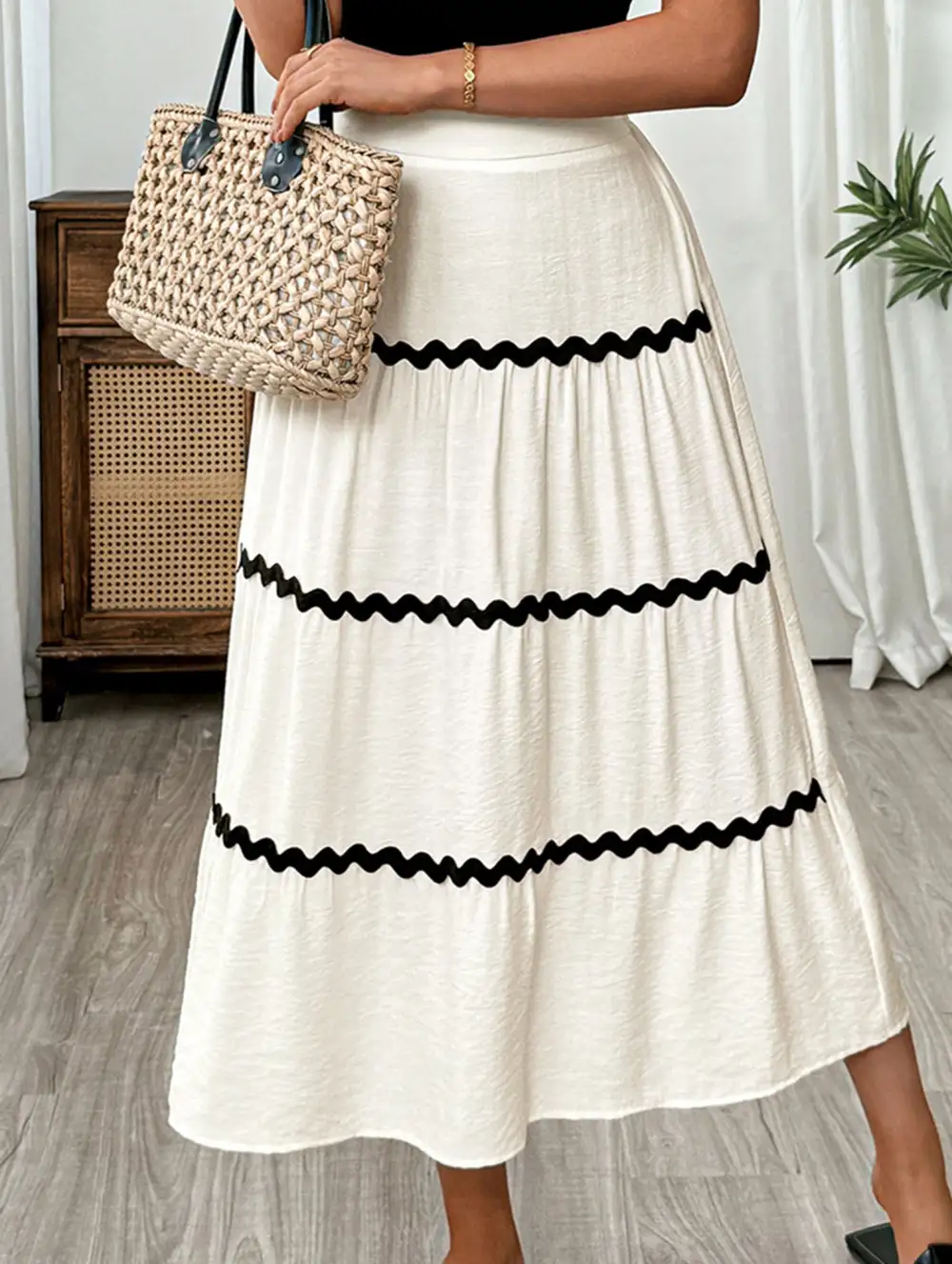 Block Elastic Waist Midi Skirt