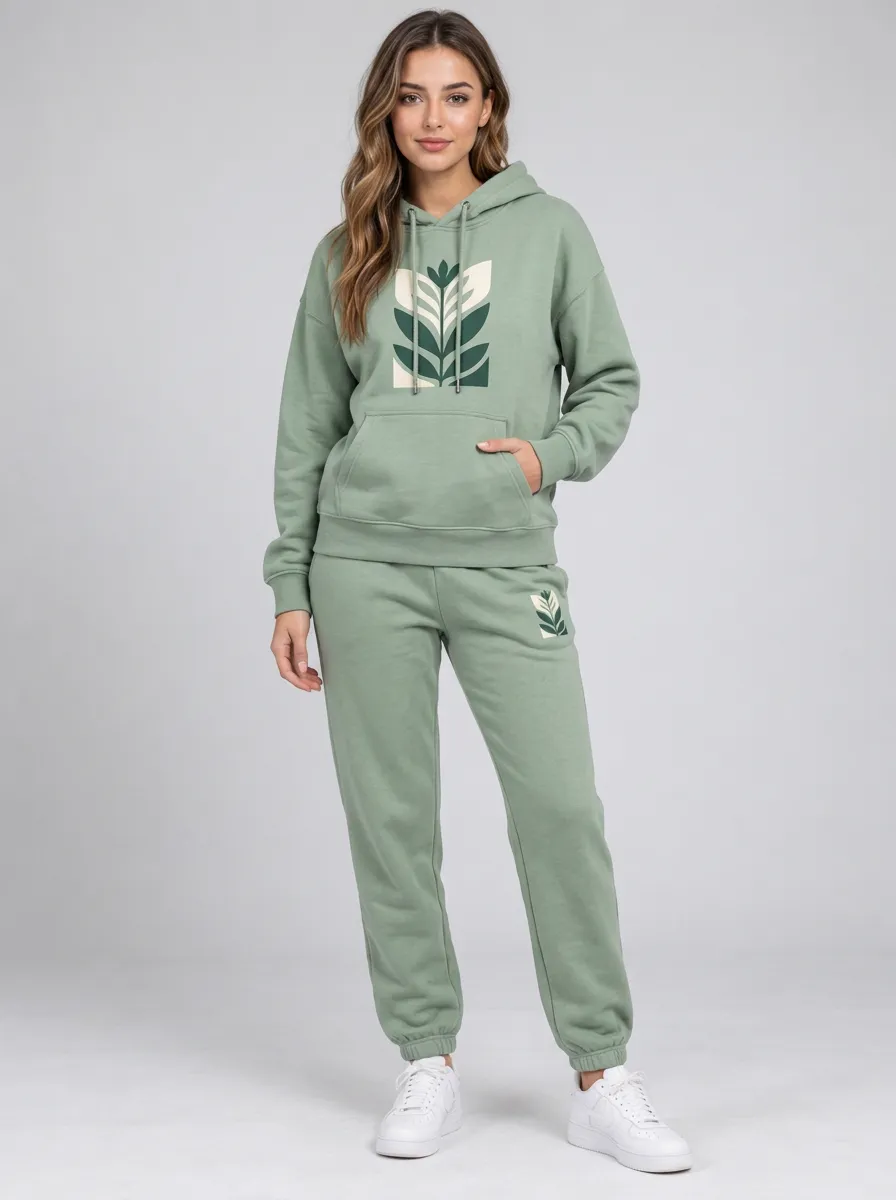 Women's Sage Green Tapered Pants Cuffed Pants Solid Hoodie & Pants Set