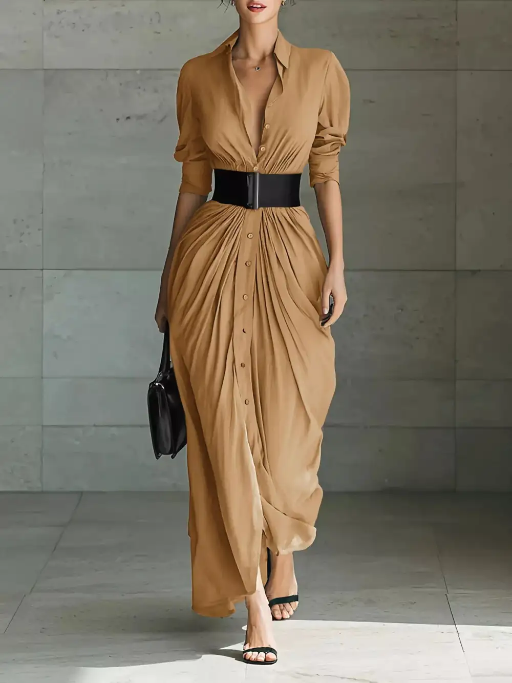 Button Front Ruched Maxi Dress