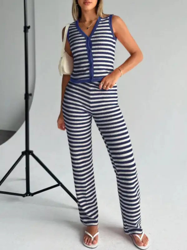 Striped Knit V Neck Button Up Sleeveless Top and Flare Pants Set