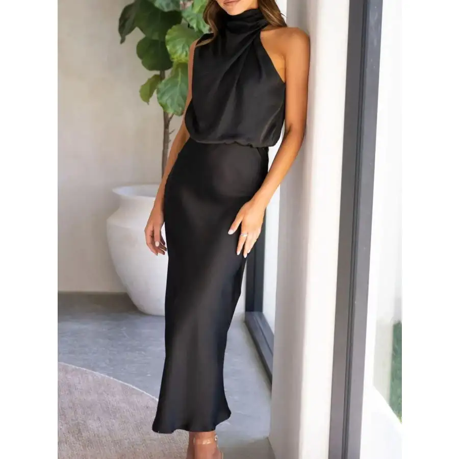 Asymmetrical Ruched Sleeveless Midi Dress