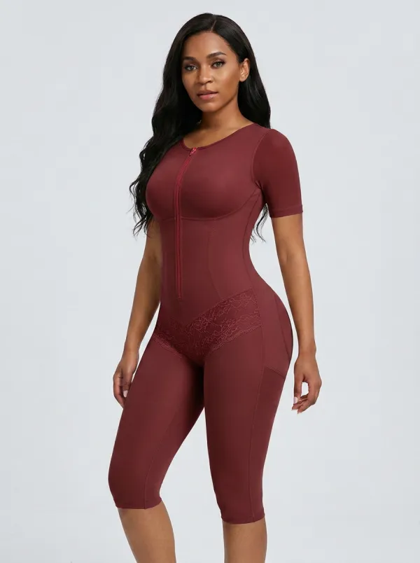 Women's Tummy Control Lace Trim Zip Front Printed Shapewear
